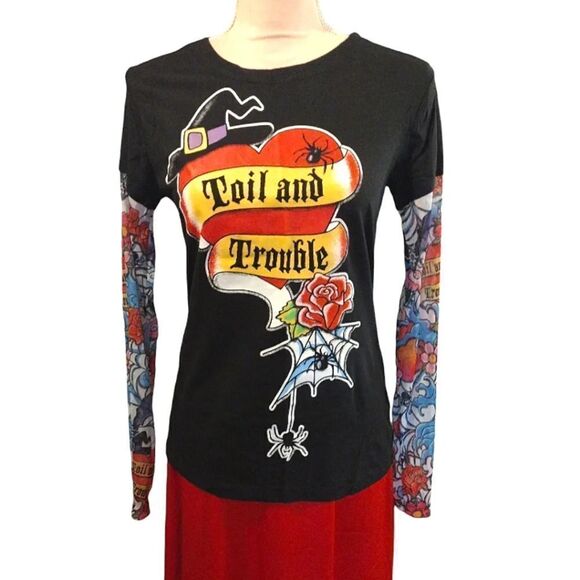 Y2K 00s Black Red Toil And Trouble Tattoo Mesh Long Sleeve Tshirt Large - Picture 7 of 16